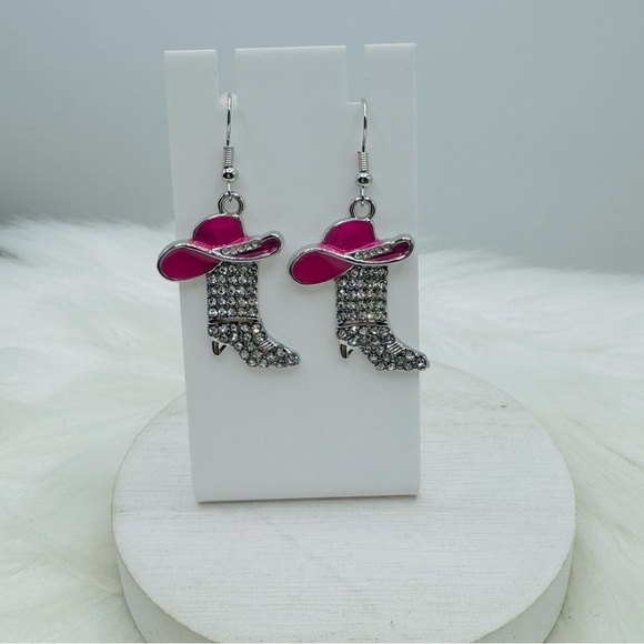 Jewelry - Howdy Rhinestone Boot Earrings- Pink Hat